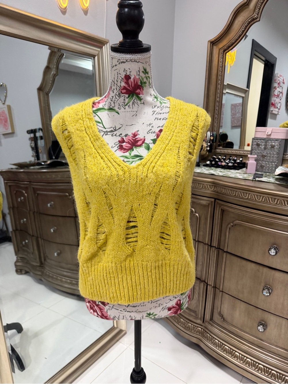 Zara Bright Yellow Open-Knit V-Neck Sweater Vest
